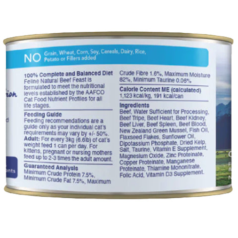 Feline Natural Canned Beef Feast Cat Food | Back Image of Beef Feast 6oz