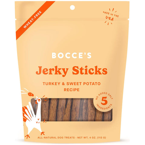 Bocce's Jerky Sticks orange packaging for turkey & sweet potato recipe on a white background