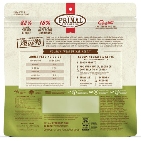 Back Image of Primal Freeze-Dried Lamb Pronto Dog Food 16oz