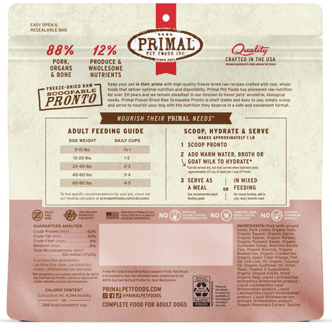 Back Image of Primal Freeze-Dried Pork Pronto Dog Food 16oz