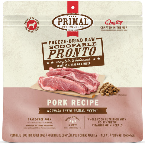 Front Image of Primal Freeze-Dried Pork Pronto Dog Food 16oz