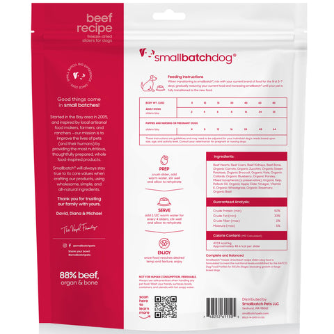 Dog food package with 'Smallbatch Dog' branding and beef recipe details.