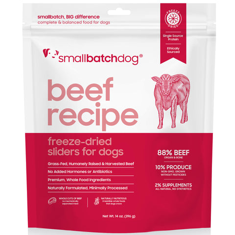 Smallbatchdog beef recipe freeze-dried sliders for dogs packaging on a white background