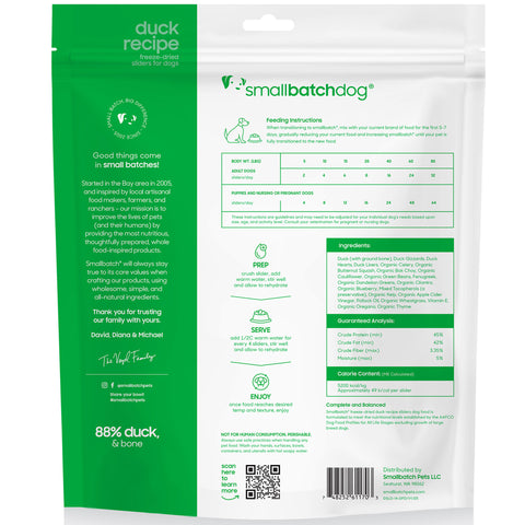 Dog food package with green and white design, featuring 'Duck Recipe' and 'Smallbatch Dog' branding.