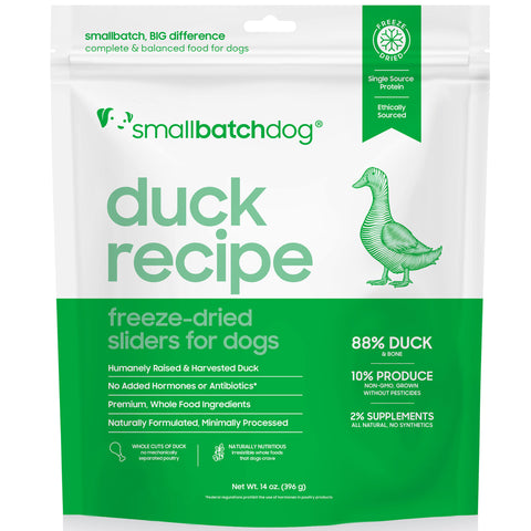 Smallbatchdog duck recipe freeze-dried sliders packaging for dogs on a white background
