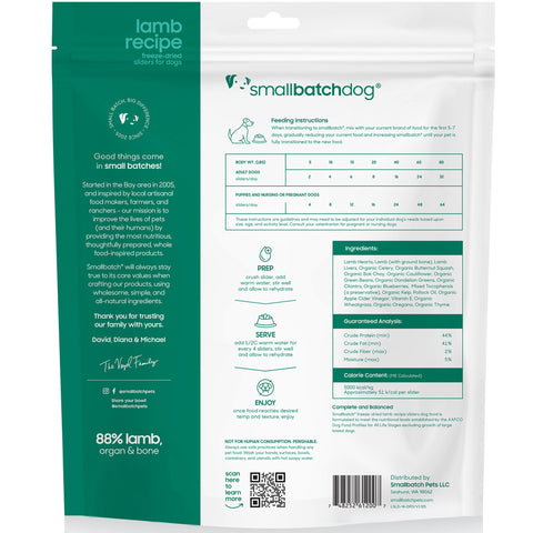 Back view of a Smallbatch lamb dog food package with text and branding.