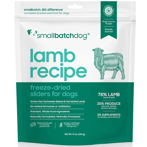 Package of Smallbatchdog lamb recipe freeze-dried sliders for dogs on a white background