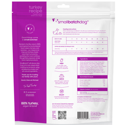 Dog food package with purple and white design, featuring 'Smallbatch' branding.