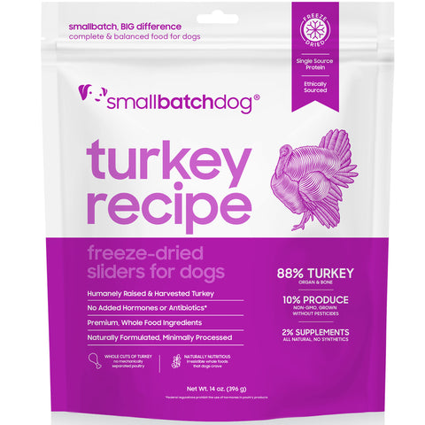 Smallbatch dog food package with turkey recipe on a white background