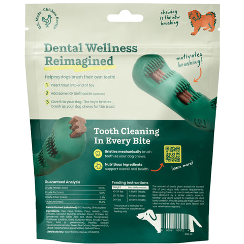 Package of dental wellness dog chew toy with text and images on a white background