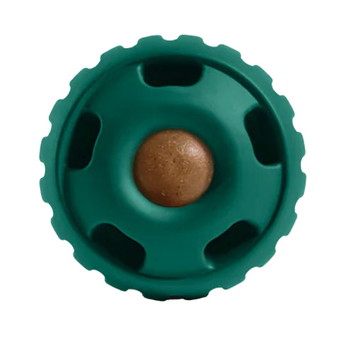 Green plastic dog toy with a brown treat in the center on a white background