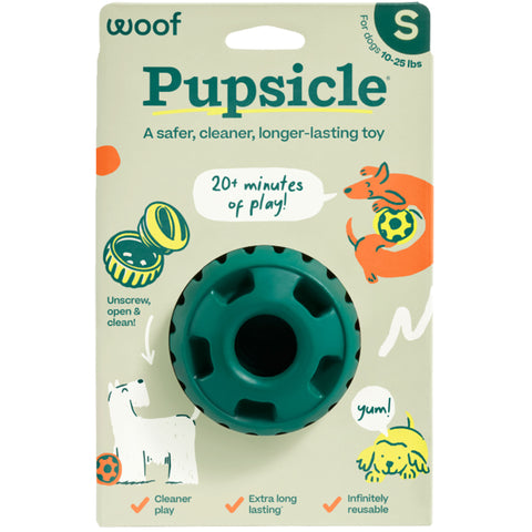 Pupsicle dog toy packaging with illustrations and text on a beige background