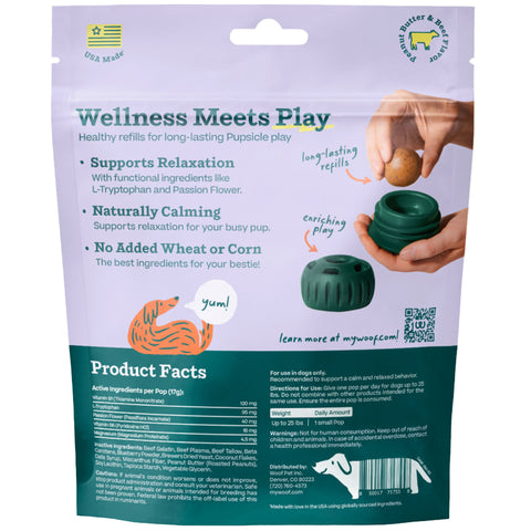 Package of Wellness Meets Play product with green containers and text on a purple background