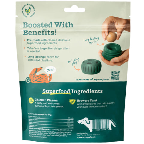 Package of pet product with superfood ingredients and benefits on a white background