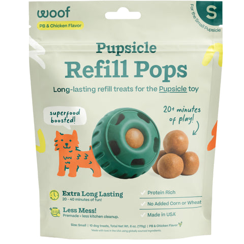 Package of Pupsicle Refill Pops for dog toys with text and graphics on a white background