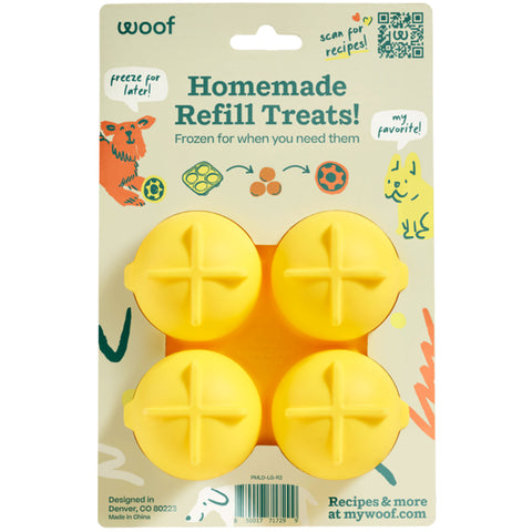 Packaging of yellow homemade refill treats for pets with 'woof' branding.