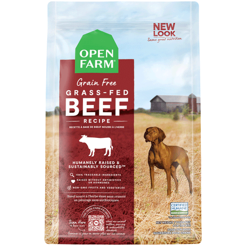 Open Farm Grass-Fed Beef Dry Dog Food, Front Image of Red Dog Food Bag 4lbs