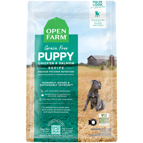 Open Farm Puppy Dry Dog Food, Front Image of Blue/Green Bag of Dog Food 4lbs