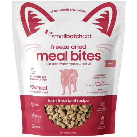 Small Batch Freeze-Died Meal Bites Beef Cat Food 10oz | Front Image of Freeze-Dried Meal Bites